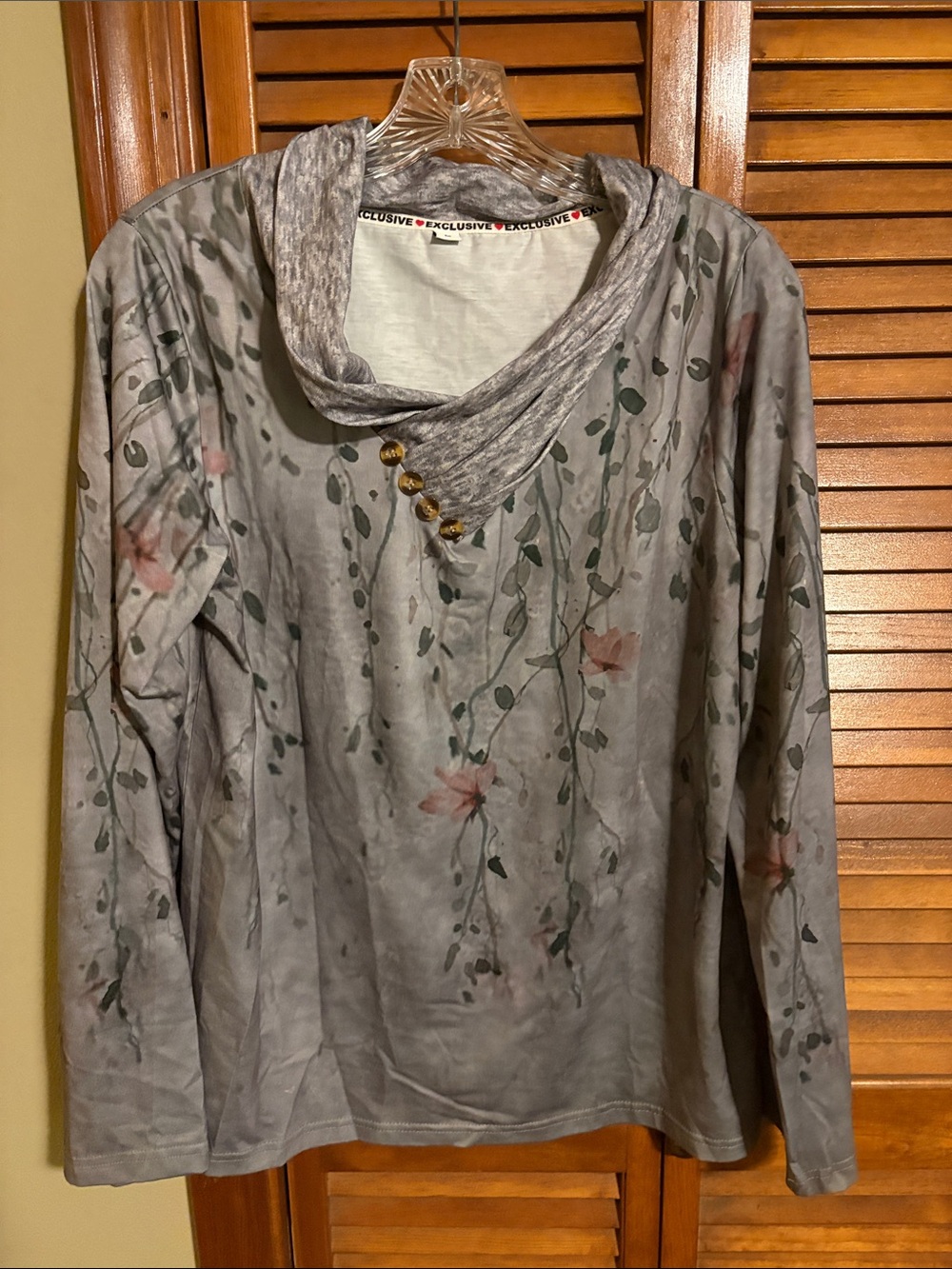 Women's Gray Floral Cowl Neck Long Sleeve Top